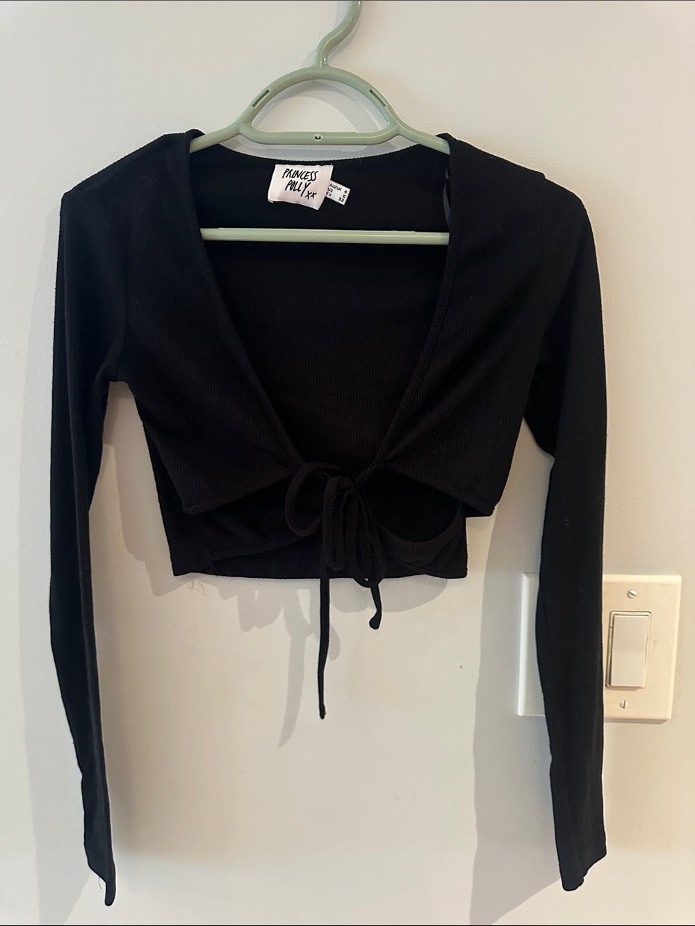 Princess Polly Black Ribbed Tie-Front Long Sleeve Crop Top